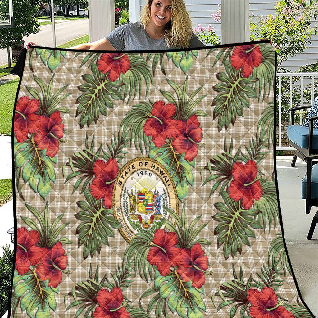 Vintage Hawaii Hibiscus Palaka Quilt Khaki Color