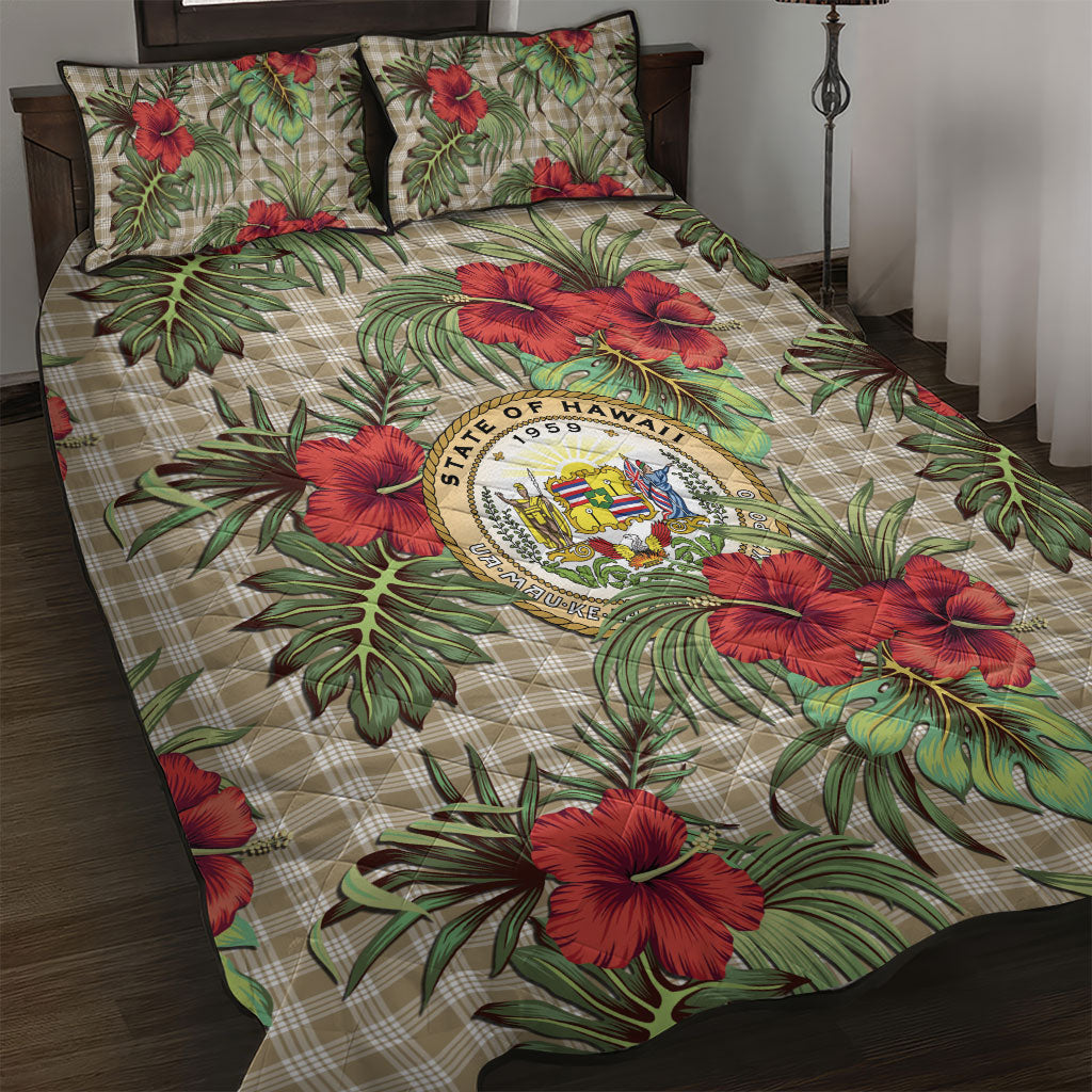 Vintage Hawaii Hibiscus Palaka Quilt Bed Set Khaki Color