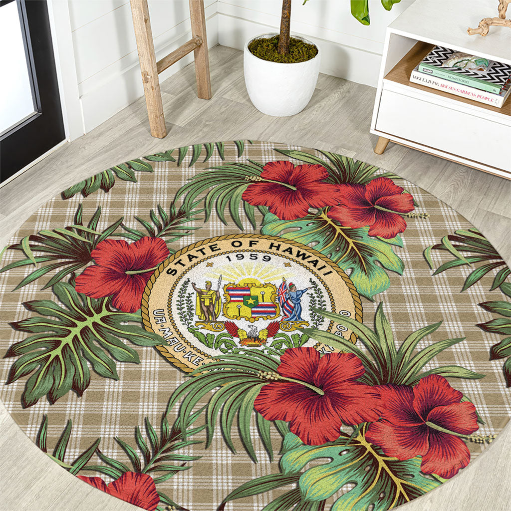 Vintage Hawaii Hibiscus Palaka Round Carpet Khaki Color