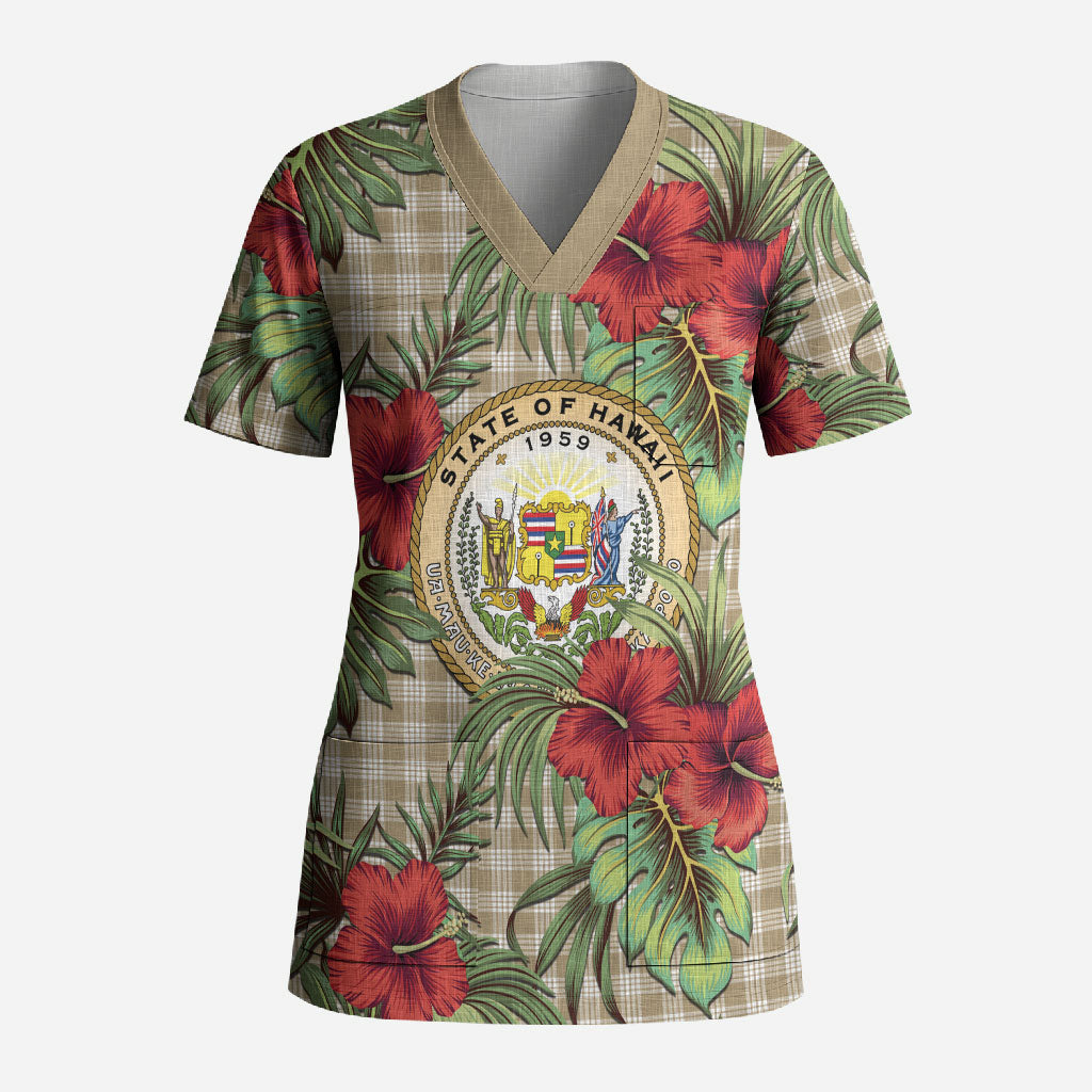 Vintage Hawaii Hibiscus Palaka Scrub Top Khaki Color