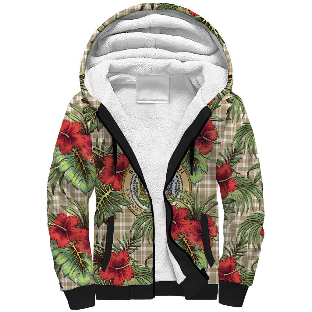 Vintage Hawaii Hibiscus Palaka Sherpa Hoodie Khaki Color