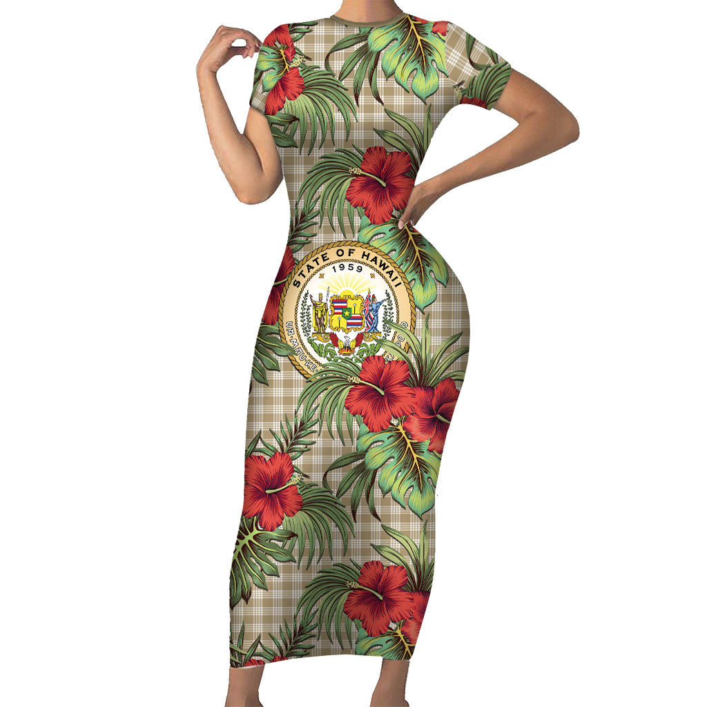 Vintage Hawaii Hibiscus Palaka Short Sleeve Bodycon Dress Khaki Color