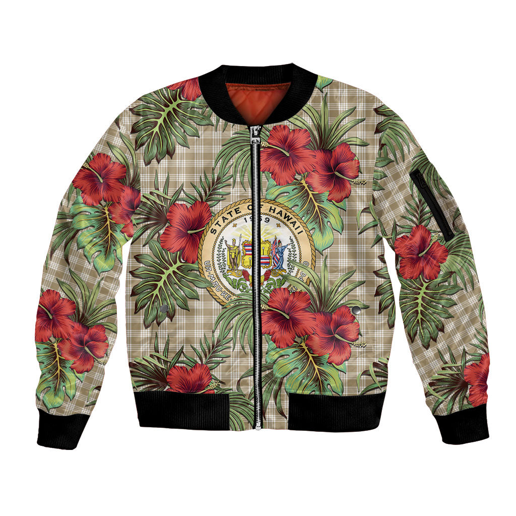 Vintage Hawaii Hibiscus Palaka Sleeve Zip Bomber Jacket Khaki Color