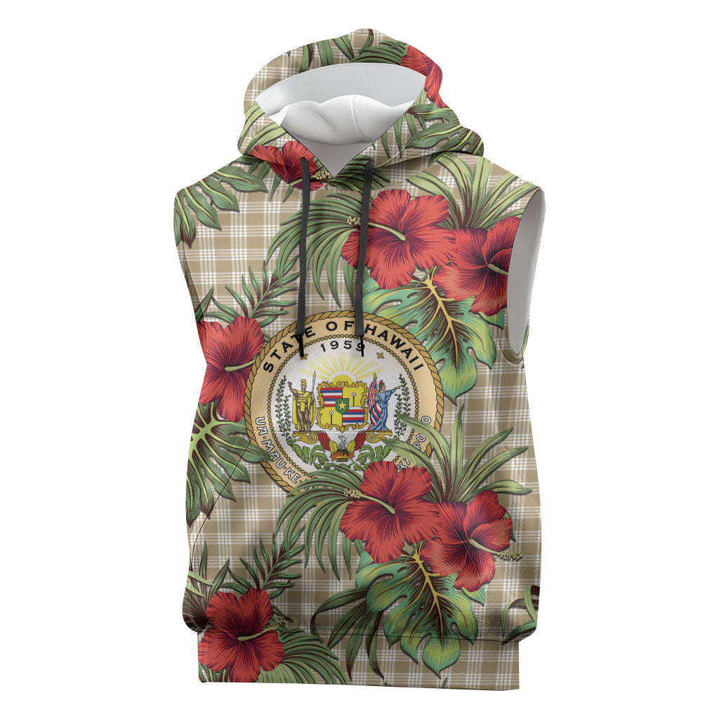 Vintage Hawaii Hibiscus Palaka Sleeveless Hoodie Khaki Color