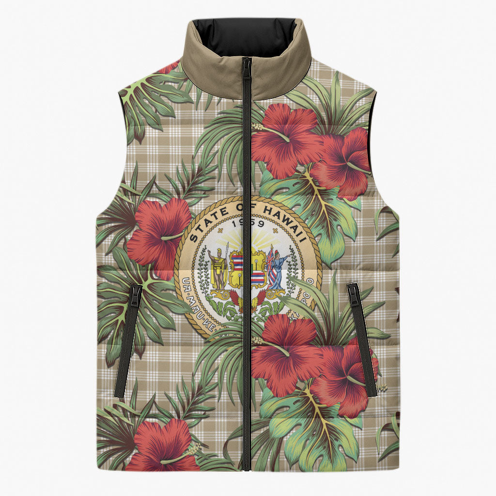 Vintage Hawaii Hibiscus Palaka Sleeveless Puffer Jacket Khaki Color