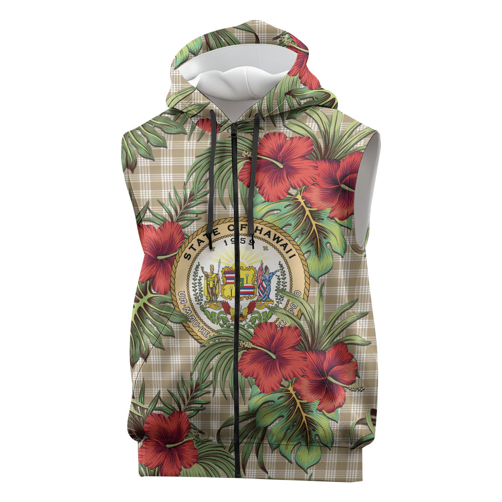 Vintage Hawaii Hibiscus Palaka Sleeveless Zip Hoodie Khaki Color