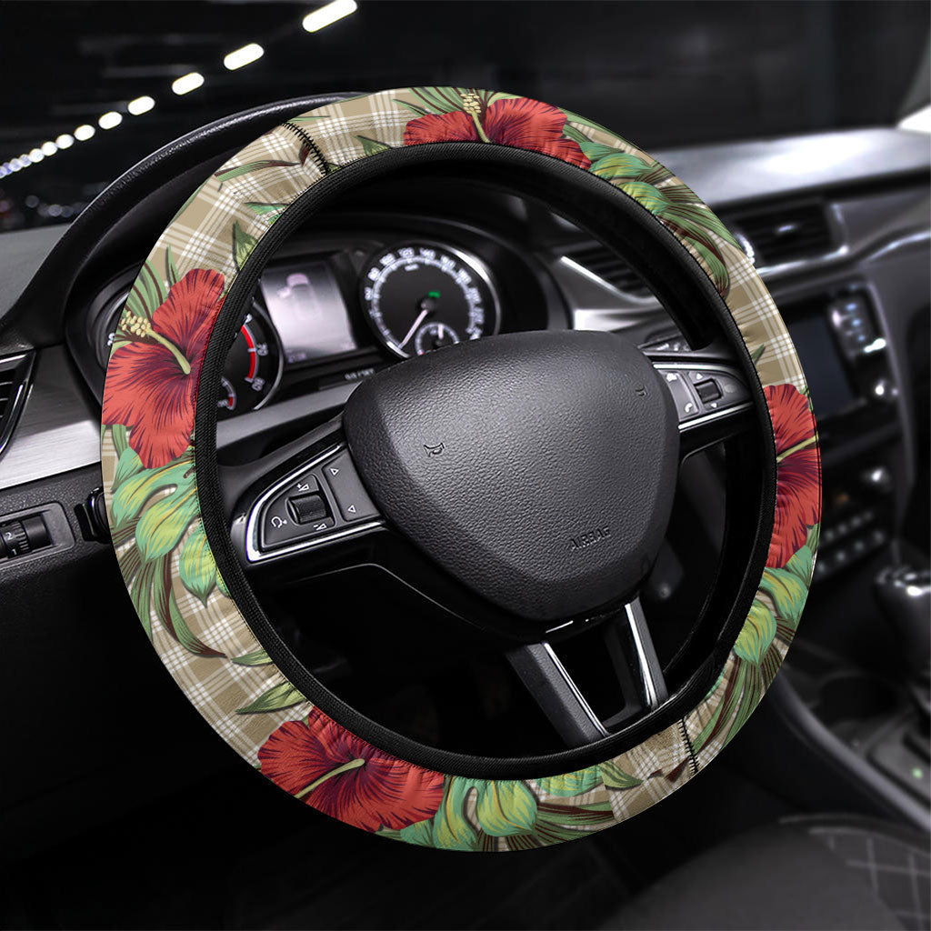 Vintage Hawaii Hibiscus Palaka Steering Wheel Cover Khaki Color