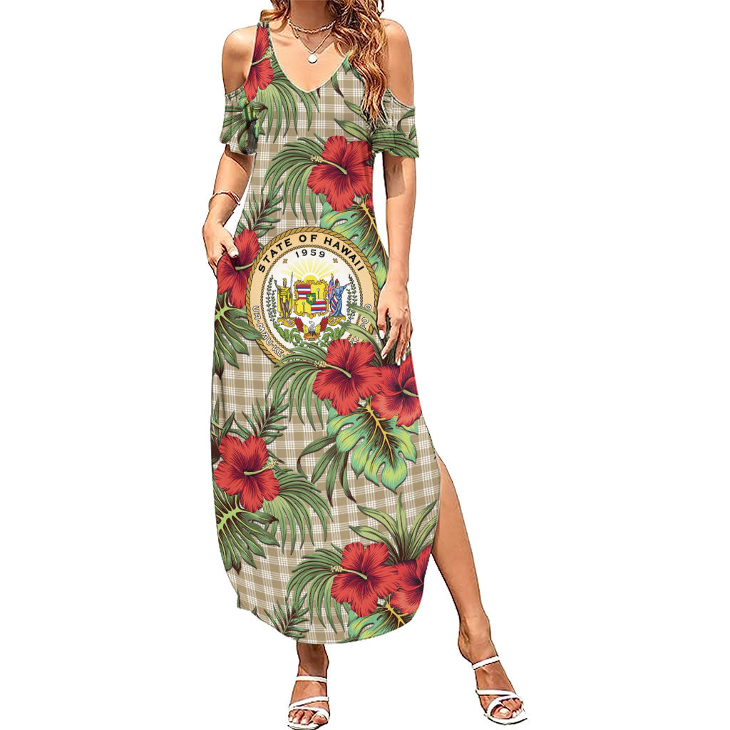 Vintage Hawaii Hibiscus Palaka Summer Maxi Dress Khaki Color
