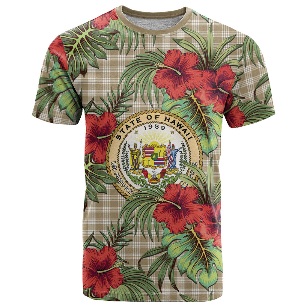 Vintage Hawaii Hibiscus Palaka T Shirt Khaki Color