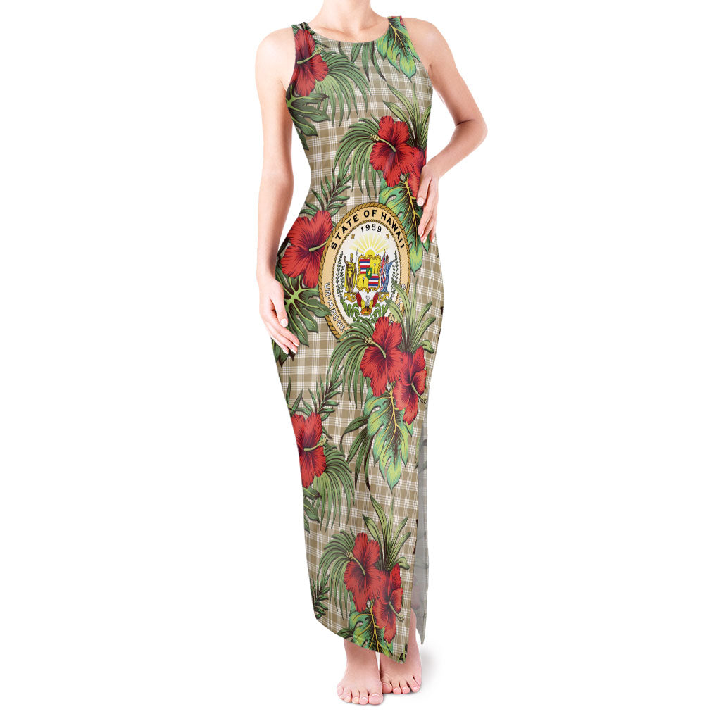 Vintage Hawaii Hibiscus Palaka Tank Maxi Dress Khaki Color