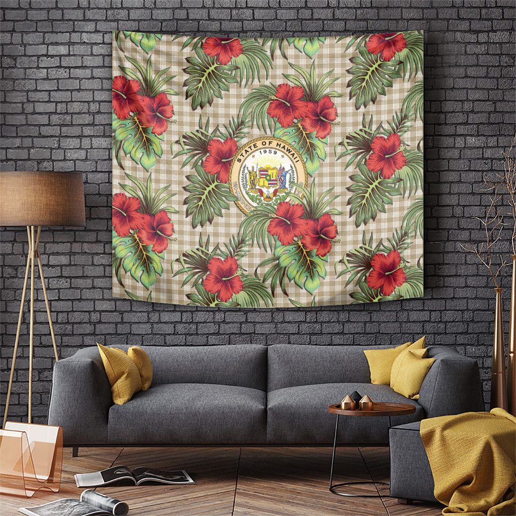 Vintage Hawaii Hibiscus Palaka Tapestry Khaki Color