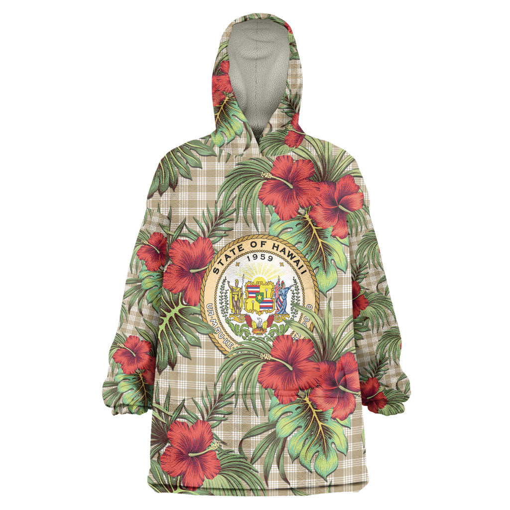 Vintage Hawaii Hibiscus Palaka Wearable Blanket Hoodie Khaki Color