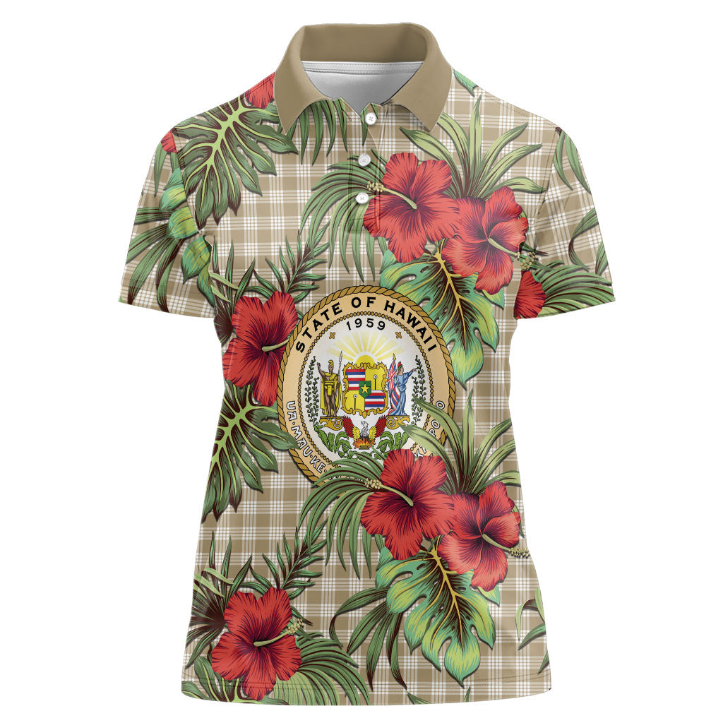 Vintage Hawaii Hibiscus Palaka Women Polo Shirt Khaki Color
