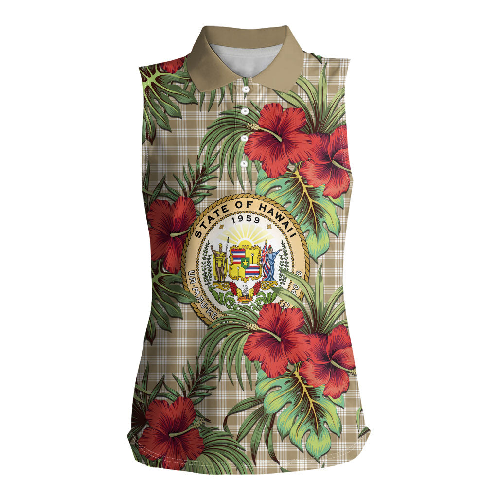 Vintage Hawaii Hibiscus Palaka Women Sleeveless Polo Shirt Khaki Color