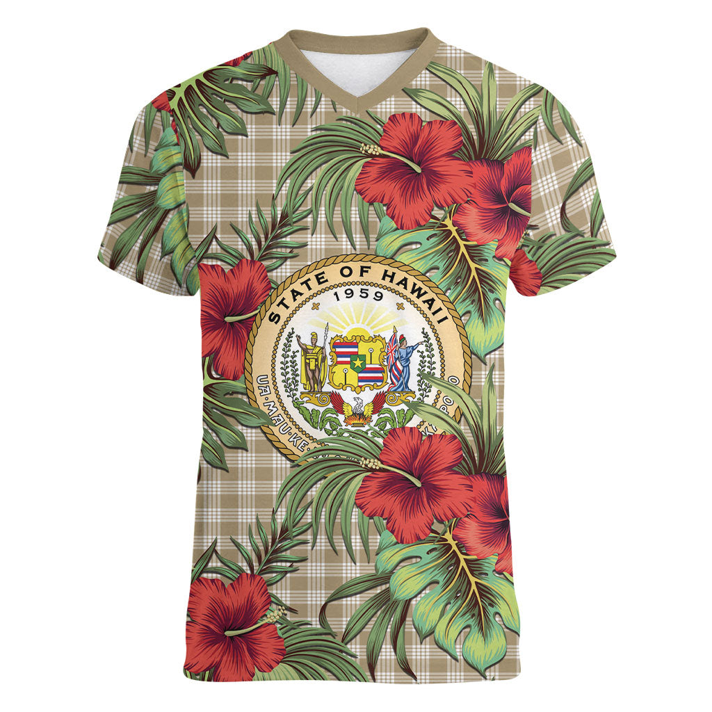 Vintage Hawaii Hibiscus Palaka Women V-Neck T-Shirt Khaki Color