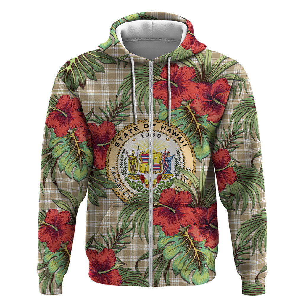 Vintage Hawaii Hibiscus Palaka Zip Hoodie Khaki Color