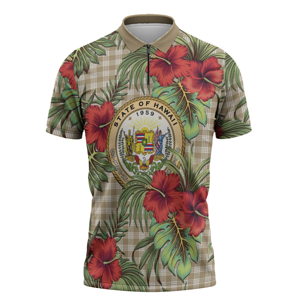 Vintage Hawaii Hibiscus Palaka Zipper Polo Shirt Khaki Color