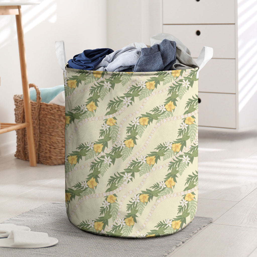 Hawaiian Pikake Maile Lei Laundry Basket Tiare Hibiscus Kalo Palapalai Leaf Beige LT19 Beige - Polynesian Pride