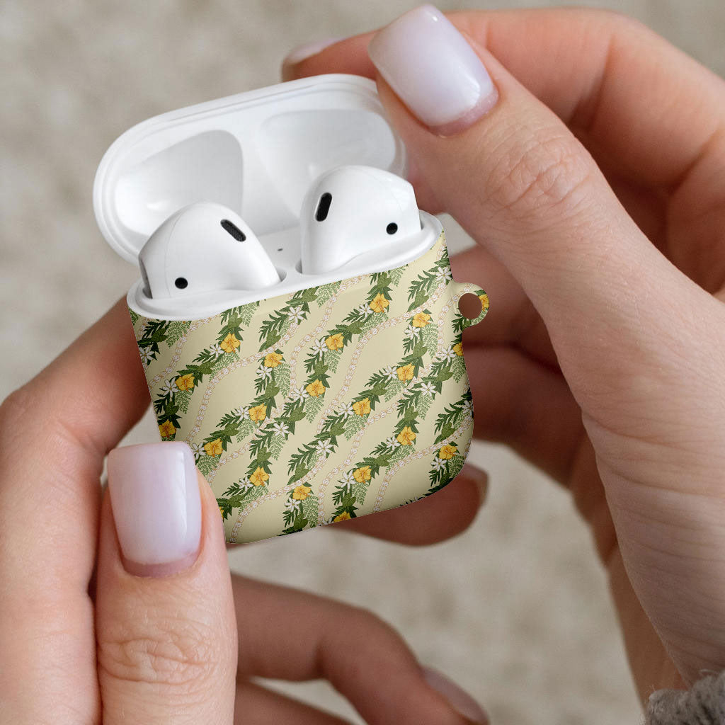 Hawaiian Pikake Maile Lei AirPods Case Tiare Hibiscus Kalo Palapalai Leaf Beige