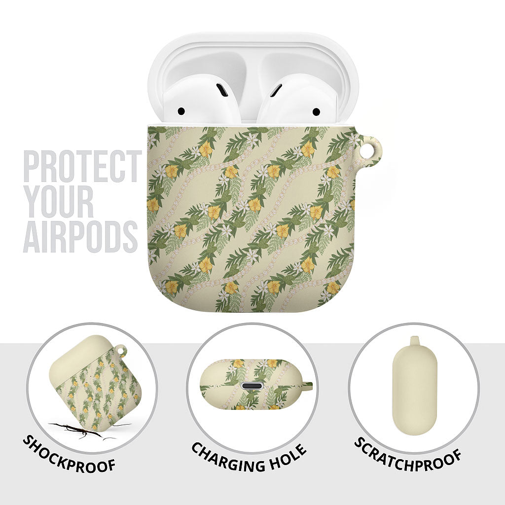 Hawaiian Pikake Maile Lei AirPods Case Tiare Hibiscus Kalo Palapalai Leaf Beige