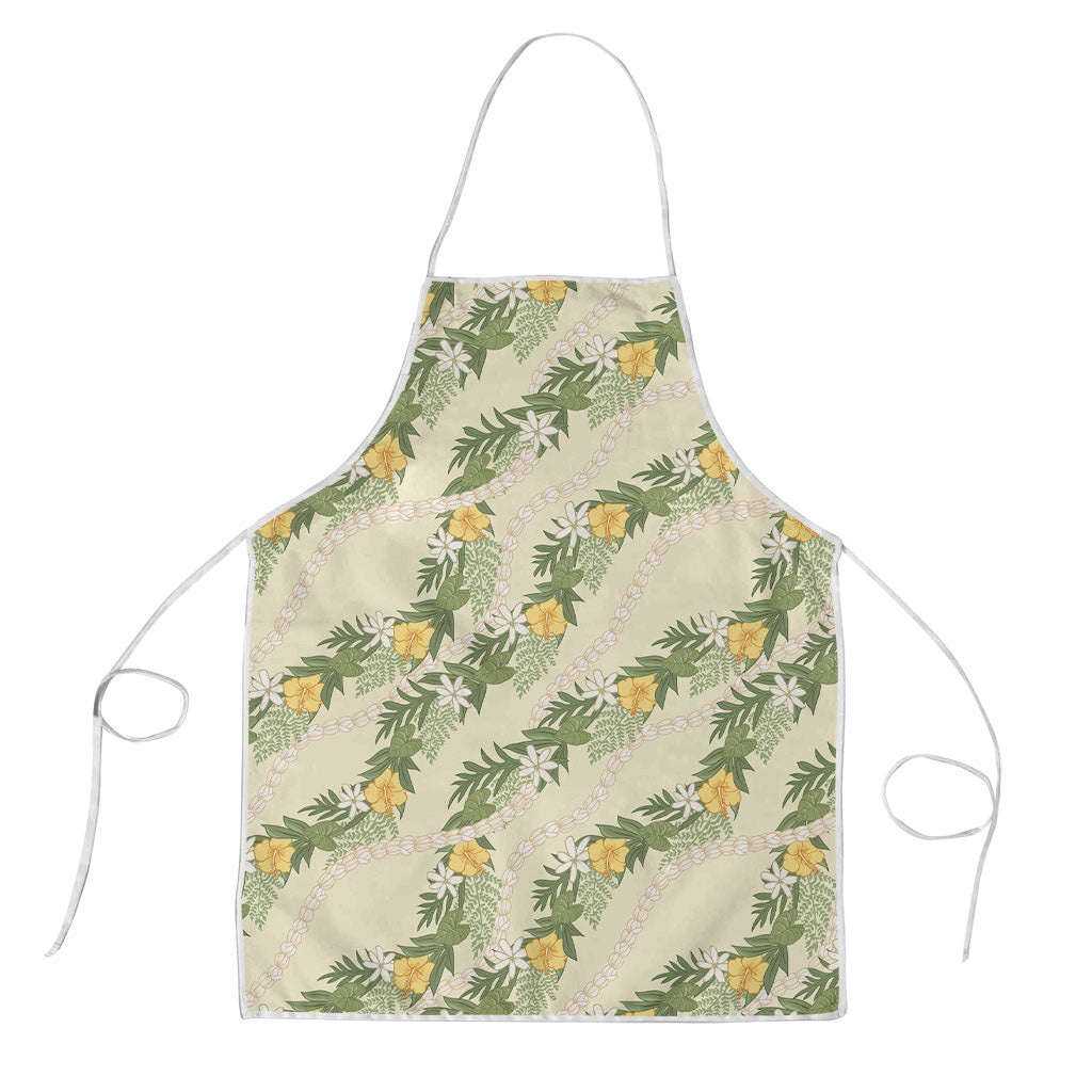 Hawaiian Pikake Maile Lei Apron Tiare Hibiscus Kalo Palapalai Leaf Beige LT19 Beige - Polynesian Pride
