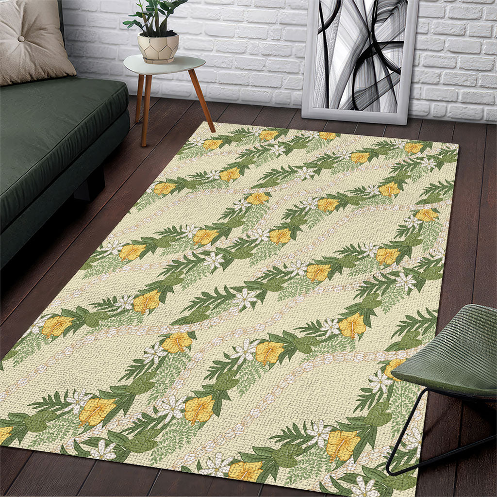Hawaiian Pikake Maile Lei Area Rug Tiare Hibiscus Kalo Palapalai Leaf Beige