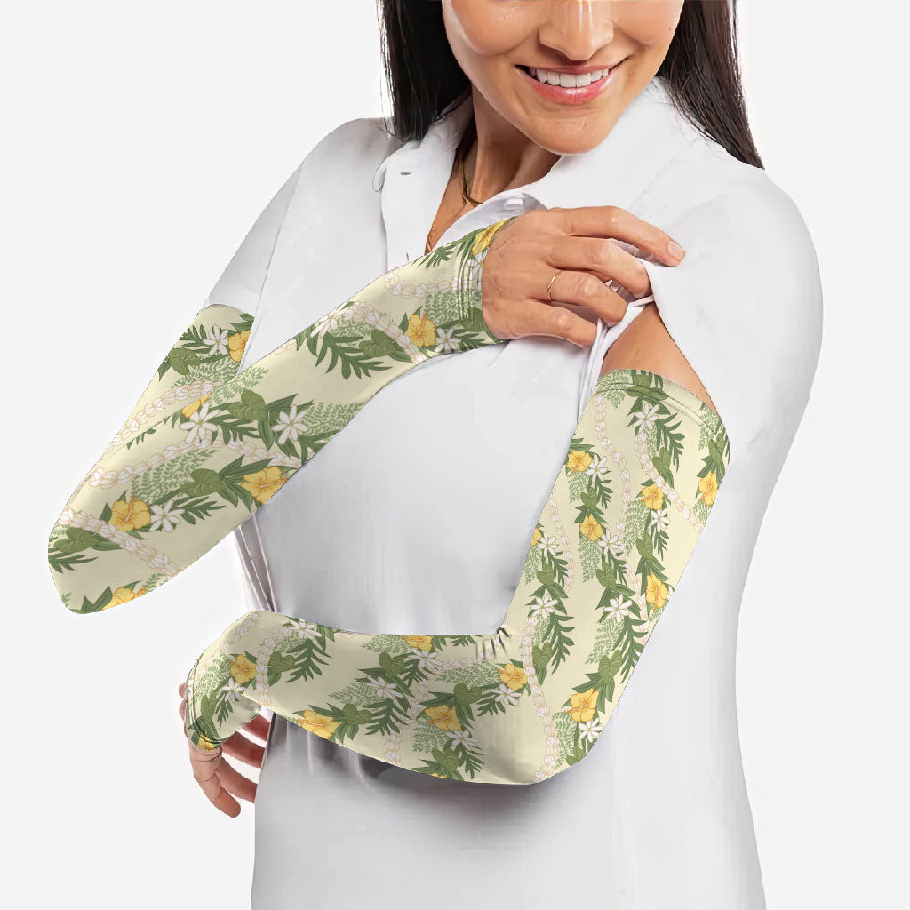 Hawaiian Pikake Maile Lei Arm Sleeves Tiare Hibiscus Kalo Palapalai Leaf Beige LT19 - Polynesian Pride