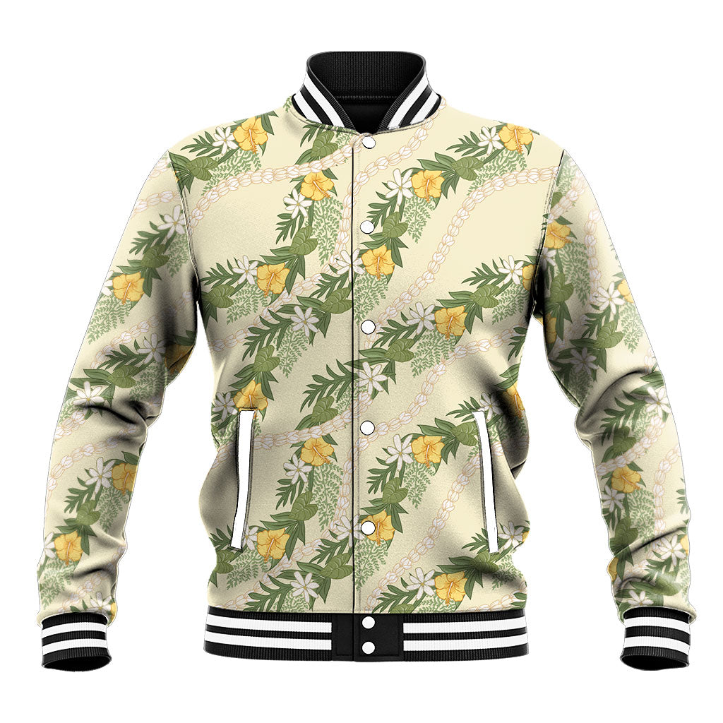 Hawaiian Pikake Maile Lei Baseball Jacket Tiare Hibiscus Kalo Palapalai Leaf Beige LT19 Unisex Beige - Polynesian Pride