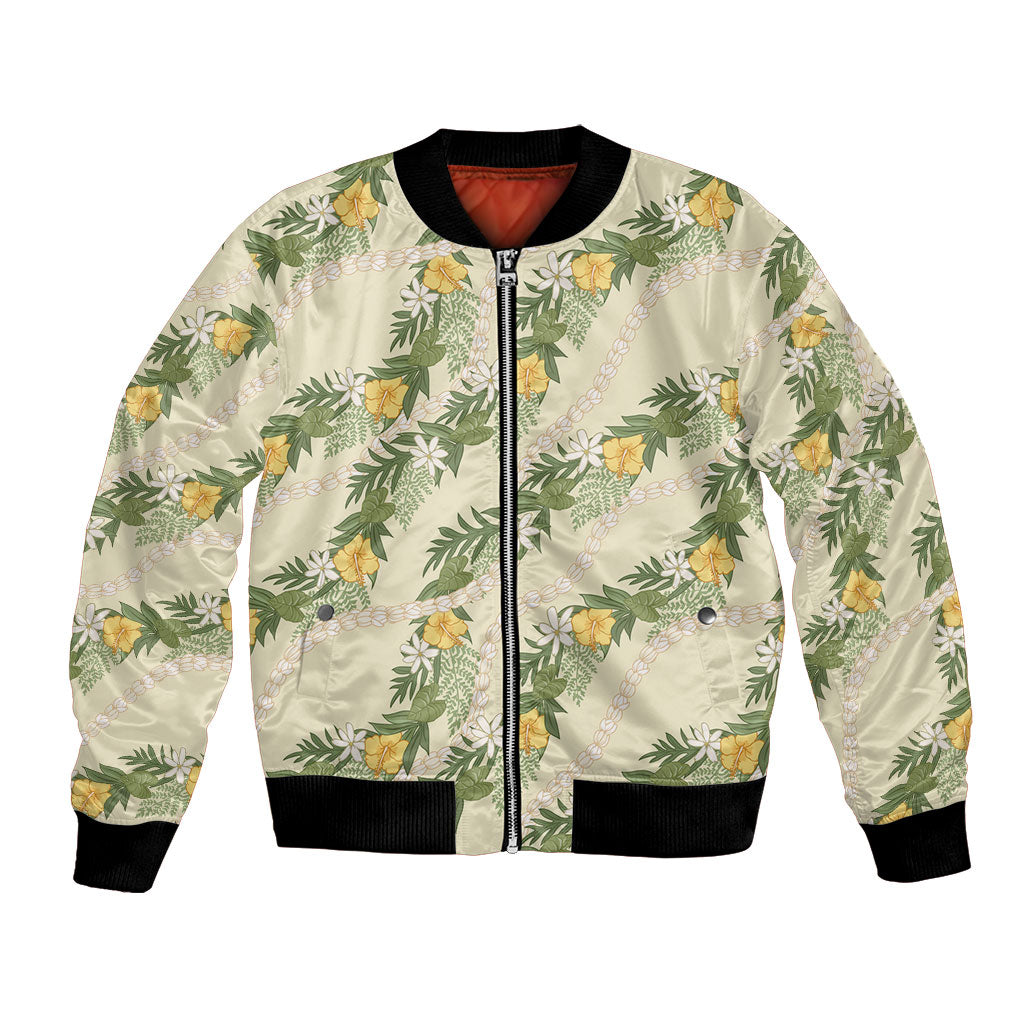 Hawaiian Pikake Maile Lei Bomber Jacket Tiare Hibiscus Kalo Palapalai Leaf Beige LT19 Unisex Beige - Polynesian Pride