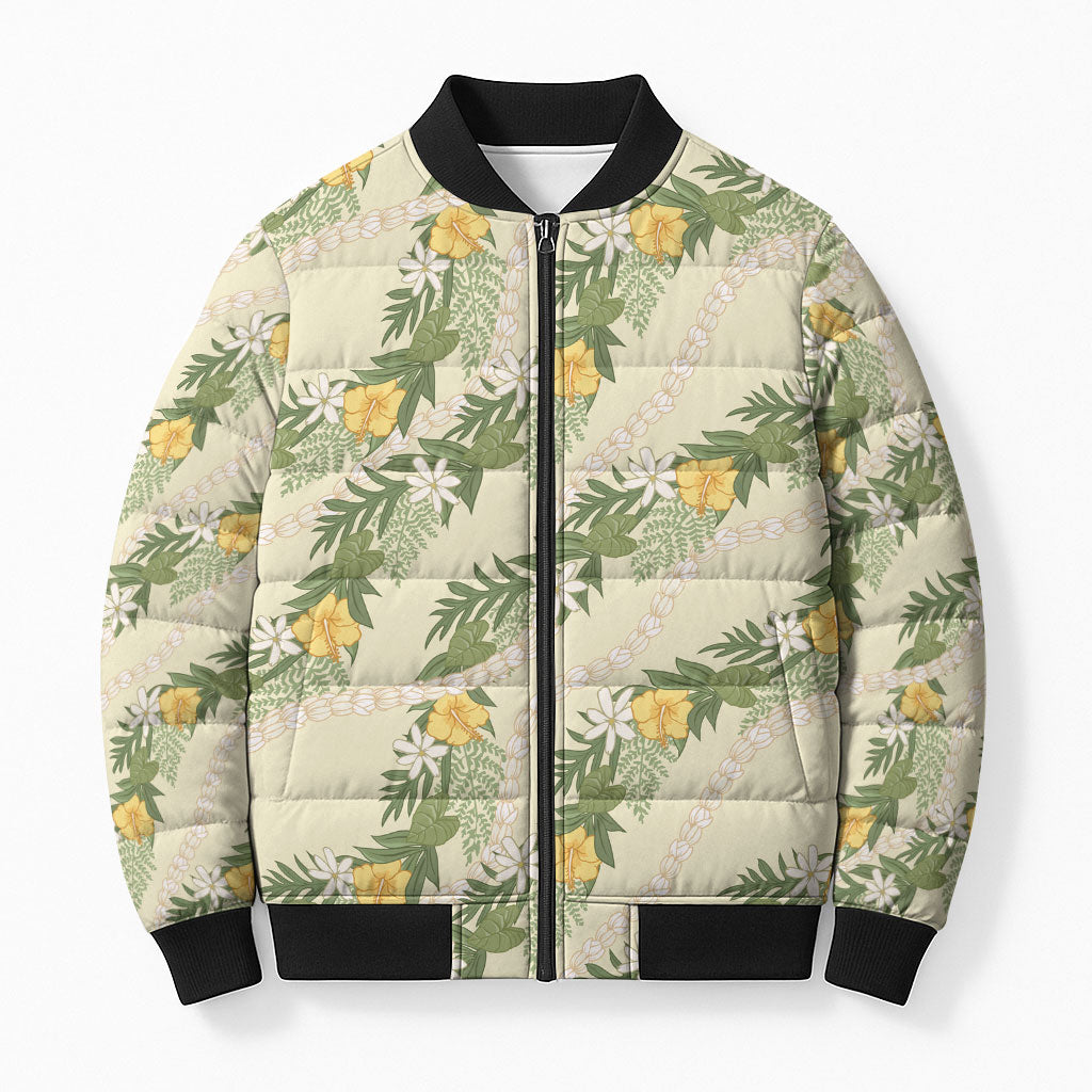 Hawaiian Pikake Maile Lei Bomber Puffer Jacket Tiare Hibiscus Kalo Palapalai Leaf Beige LT19 Unisex Beige - Polynesian Pride
