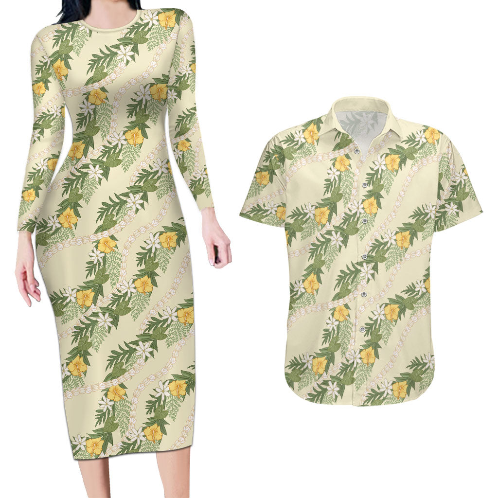 Hawaiian Pikake Maile Lei Couples Matching Long Sleeve Bodycon Dress and Hawaiian Shirt Tiare Hibiscus Kalo Palapalai Leaf Beige LT19 Beige - Polynesian Pride