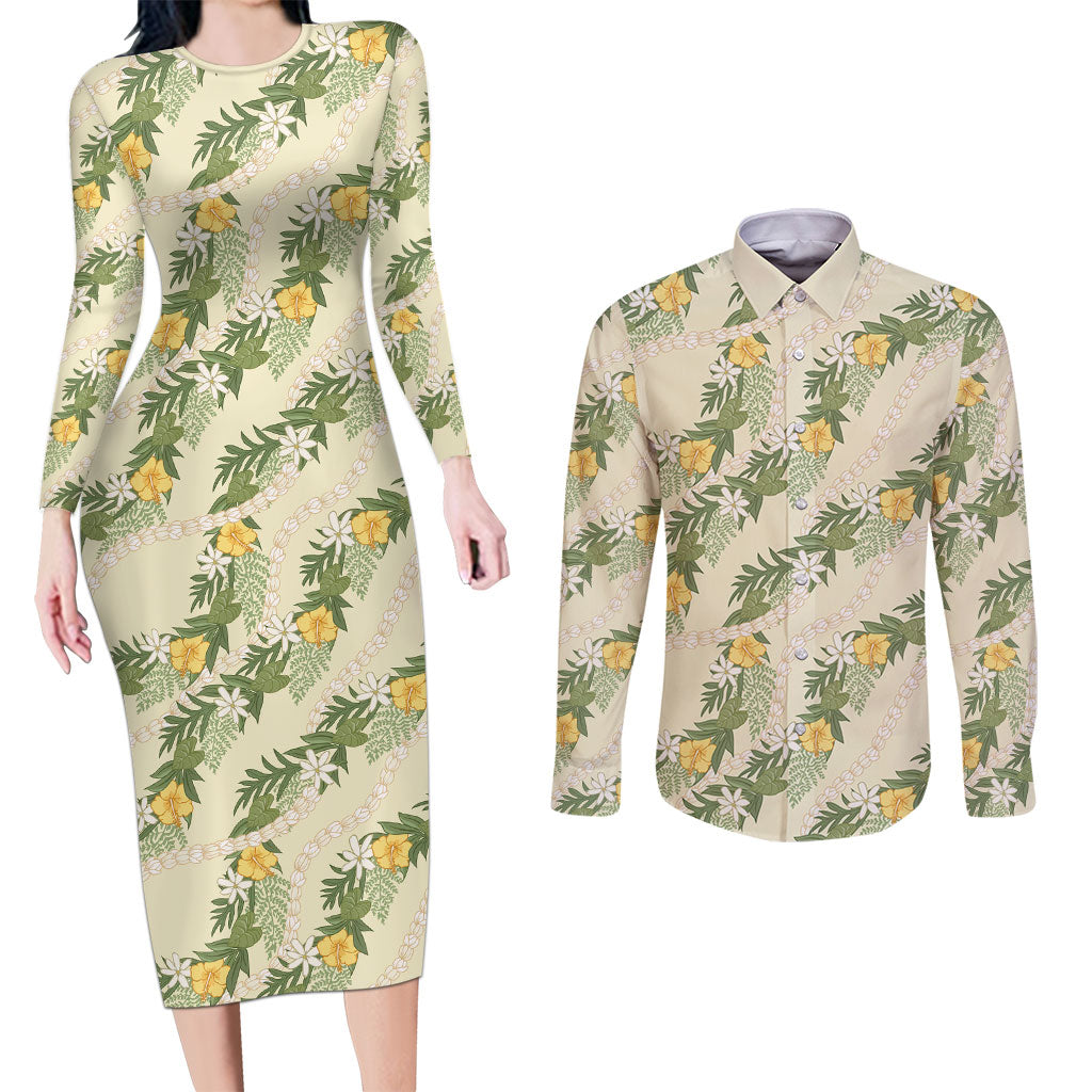 Hawaiian Pikake Maile Lei Couples Matching Long Sleeve Bodycon Dress and Long Sleeve Button Shirt Tiare Hibiscus Kalo Palapalai Leaf Beige LT19 Beige - Polynesian Pride