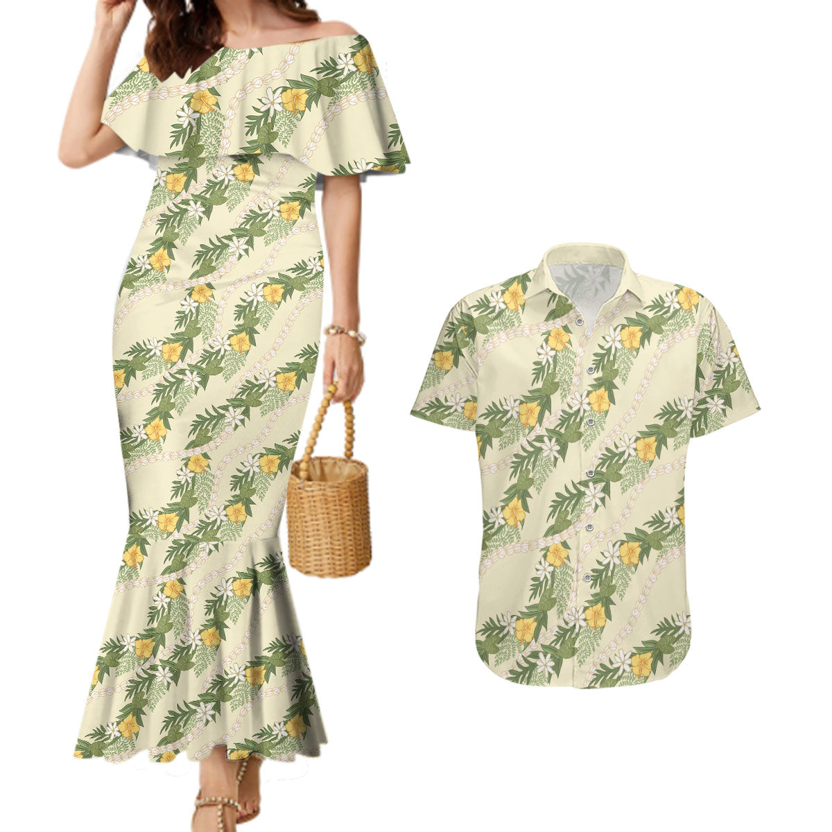 Hawaiian Pikake Maile Lei Couples Matching Mermaid Dress and Hawaiian Shirt Tiare Hibiscus Kalo Palapalai Leaf Beige LT19 Beige - Polynesian Pride