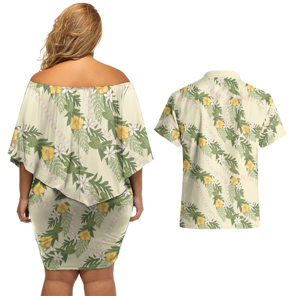 Hawaiian Pikake Maile Lei Couples Matching Off Shoulder Short Dress and Hawaiian Shirt Tiare Hibiscus Kalo Palapalai Leaf Beige