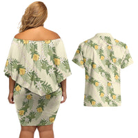 Hawaiian Pikake Maile Lei Couples Matching Off Shoulder Short Dress and Hawaiian Shirt Tiare Hibiscus Kalo Palapalai Leaf Beige