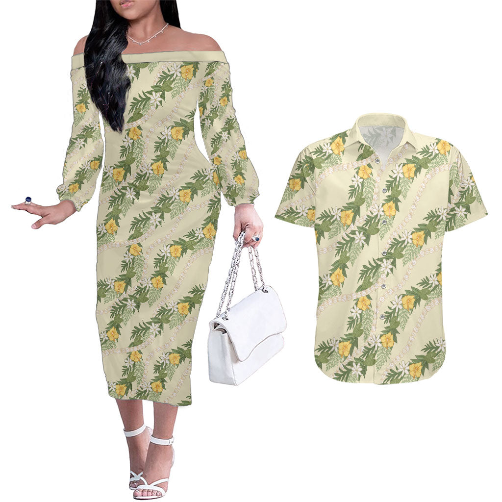Hawaiian Pikake Maile Lei Couples Matching Off The Shoulder Long Sleeve Dress and Hawaiian Shirt Tiare Hibiscus Kalo Palapalai Leaf Beige