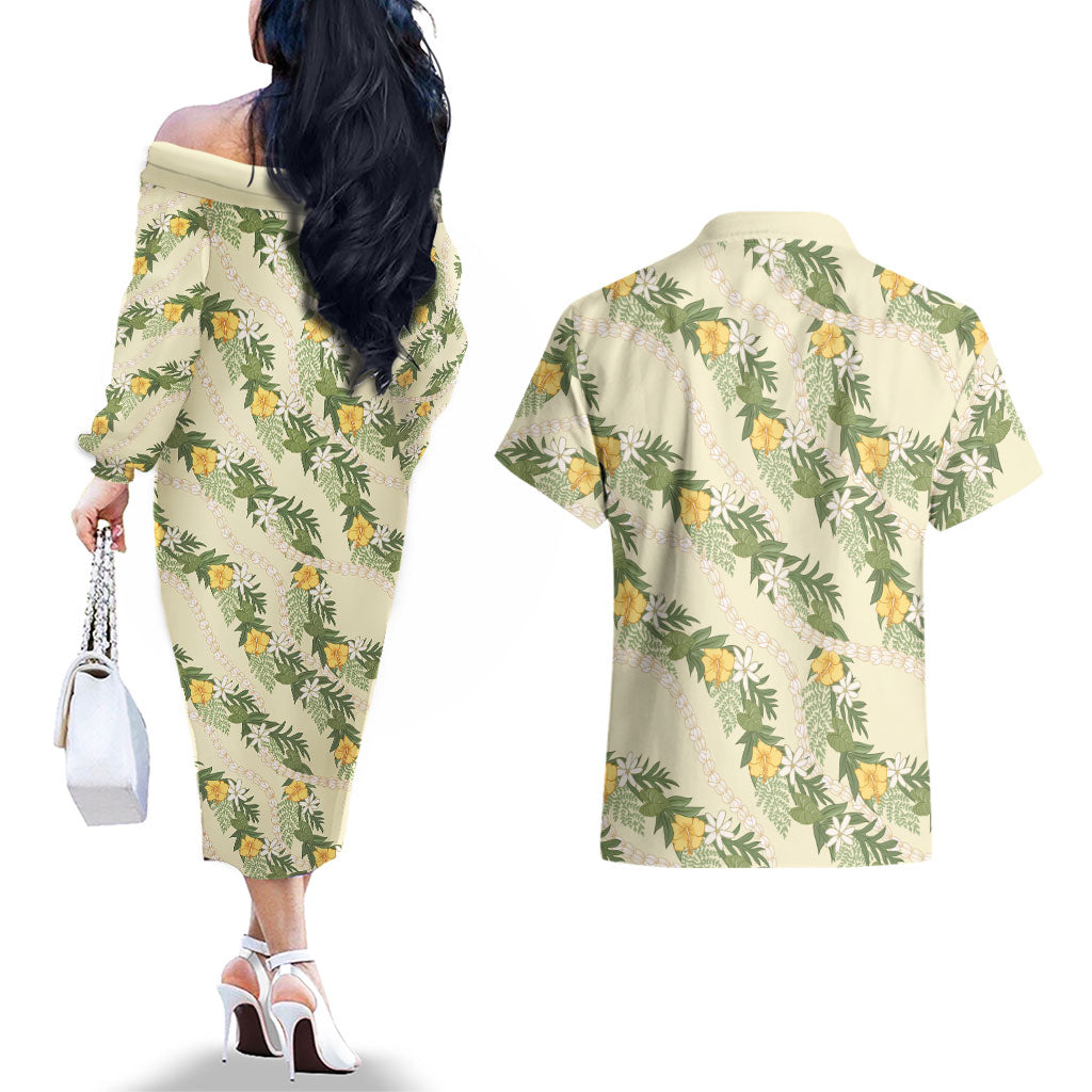Hawaiian Pikake Maile Lei Couples Matching Off The Shoulder Long Sleeve Dress and Hawaiian Shirt Tiare Hibiscus Kalo Palapalai Leaf Beige