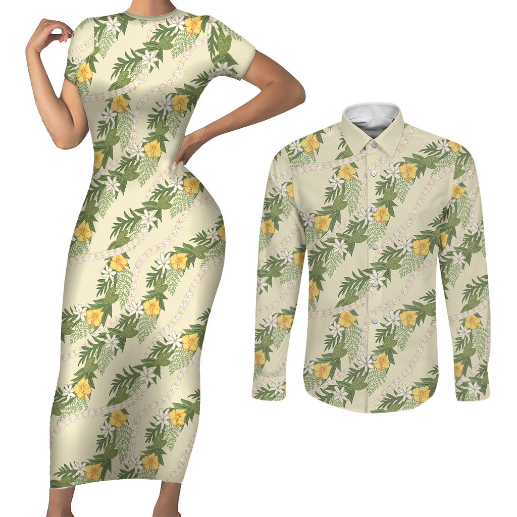 Hawaiian Pikake Maile Lei Couples Matching Short Sleeve Bodycon Dress and Long Sleeve Button Shirt Tiare Hibiscus Kalo Palapalai Leaf Beige