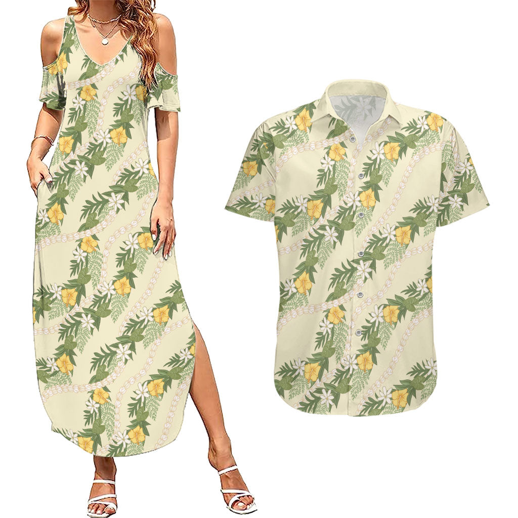 Hawaiian Pikake Maile Lei Couples Matching Summer Maxi Dress and Hawaiian Shirt Tiare Hibiscus Kalo Palapalai Leaf Beige LT19 Beige - Polynesian Pride