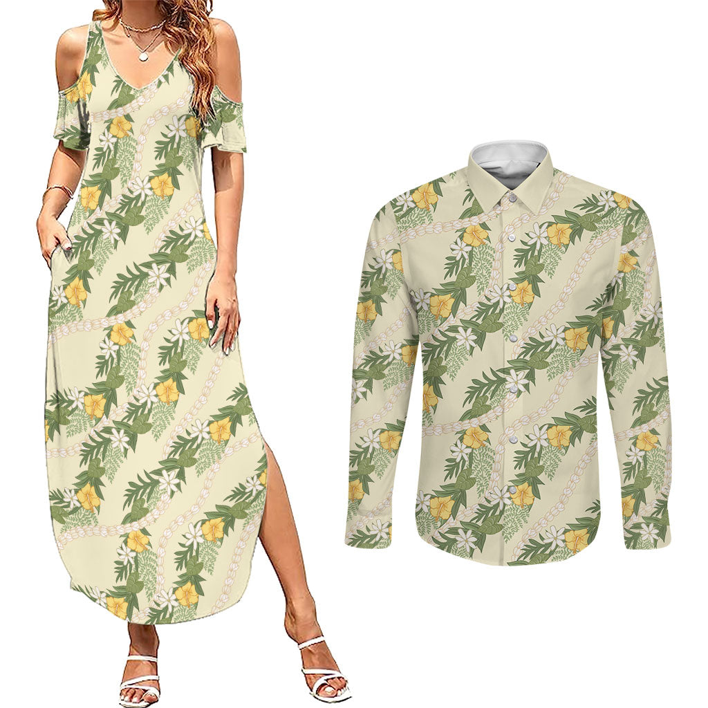 Hawaiian Pikake Maile Lei Couples Matching Summer Maxi Dress and Long Sleeve Button Shirt Tiare Hibiscus Kalo Palapalai Leaf Beige LT19 Beige - Polynesian Pride