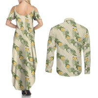 Hawaiian Pikake Maile Lei Couples Matching Summer Maxi Dress and Long Sleeve Button Shirt Tiare Hibiscus Kalo Palapalai Leaf Beige