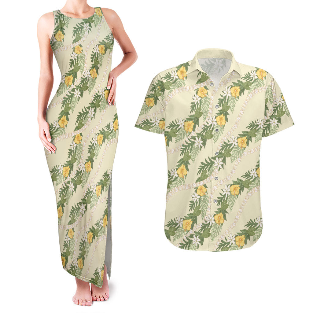 Hawaiian Pikake Maile Lei Couples Matching Tank Maxi Dress and Hawaiian Shirt Tiare Hibiscus Kalo Palapalai Leaf Beige