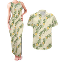 Hawaiian Pikake Maile Lei Couples Matching Tank Maxi Dress and Hawaiian Shirt Tiare Hibiscus Kalo Palapalai Leaf Beige