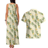 Hawaiian Pikake Maile Lei Couples Matching Tank Maxi Dress and Hawaiian Shirt Tiare Hibiscus Kalo Palapalai Leaf Beige