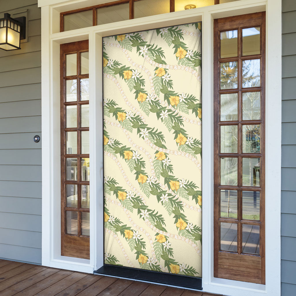 Hawaiian Pikake Maile Lei Door Cover Tiare Hibiscus Kalo Palapalai Leaf Beige