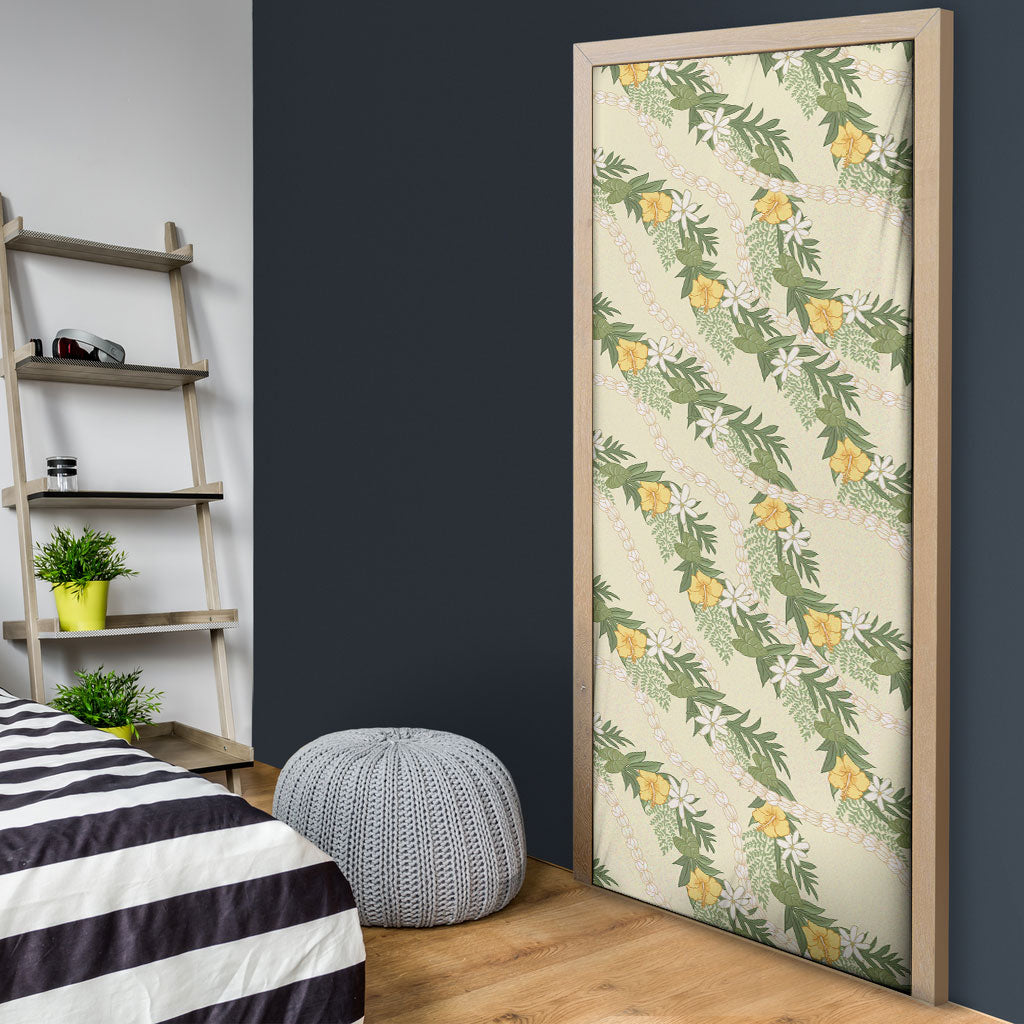 Hawaiian Pikake Maile Lei Door Cover Tiare Hibiscus Kalo Palapalai Leaf Beige