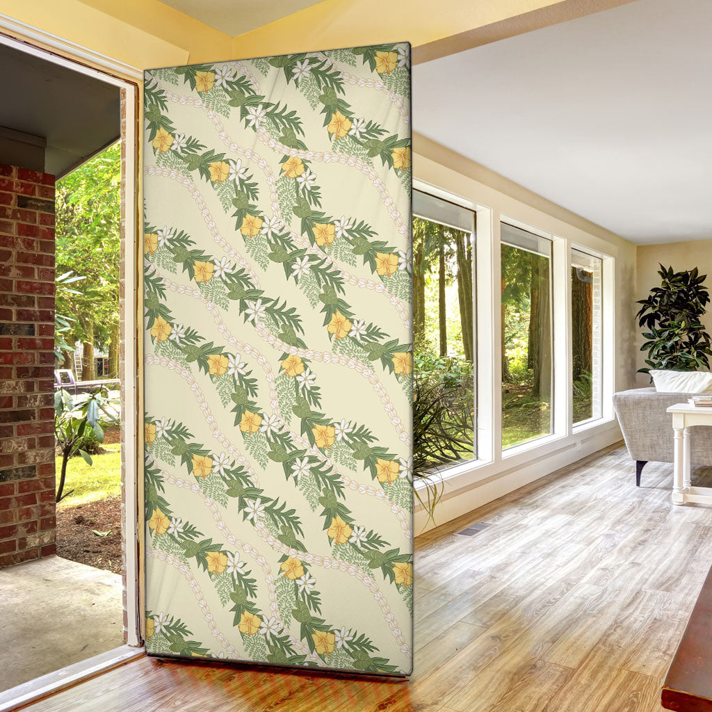 Hawaiian Pikake Maile Lei Door Cover Tiare Hibiscus Kalo Palapalai Leaf Beige