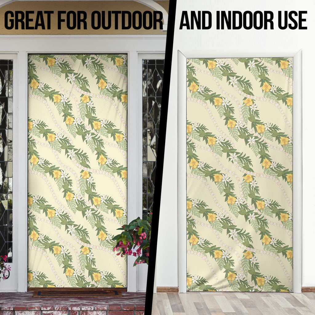 Hawaiian Pikake Maile Lei Door Cover Tiare Hibiscus Kalo Palapalai Leaf Beige