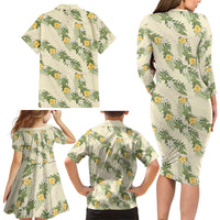Hawaiian Pikake Maile Lei Family Matching Long Sleeve Bodycon Dress and Hawaiian Shirt Tiare Hibiscus Kalo Palapalai Leaf Beige