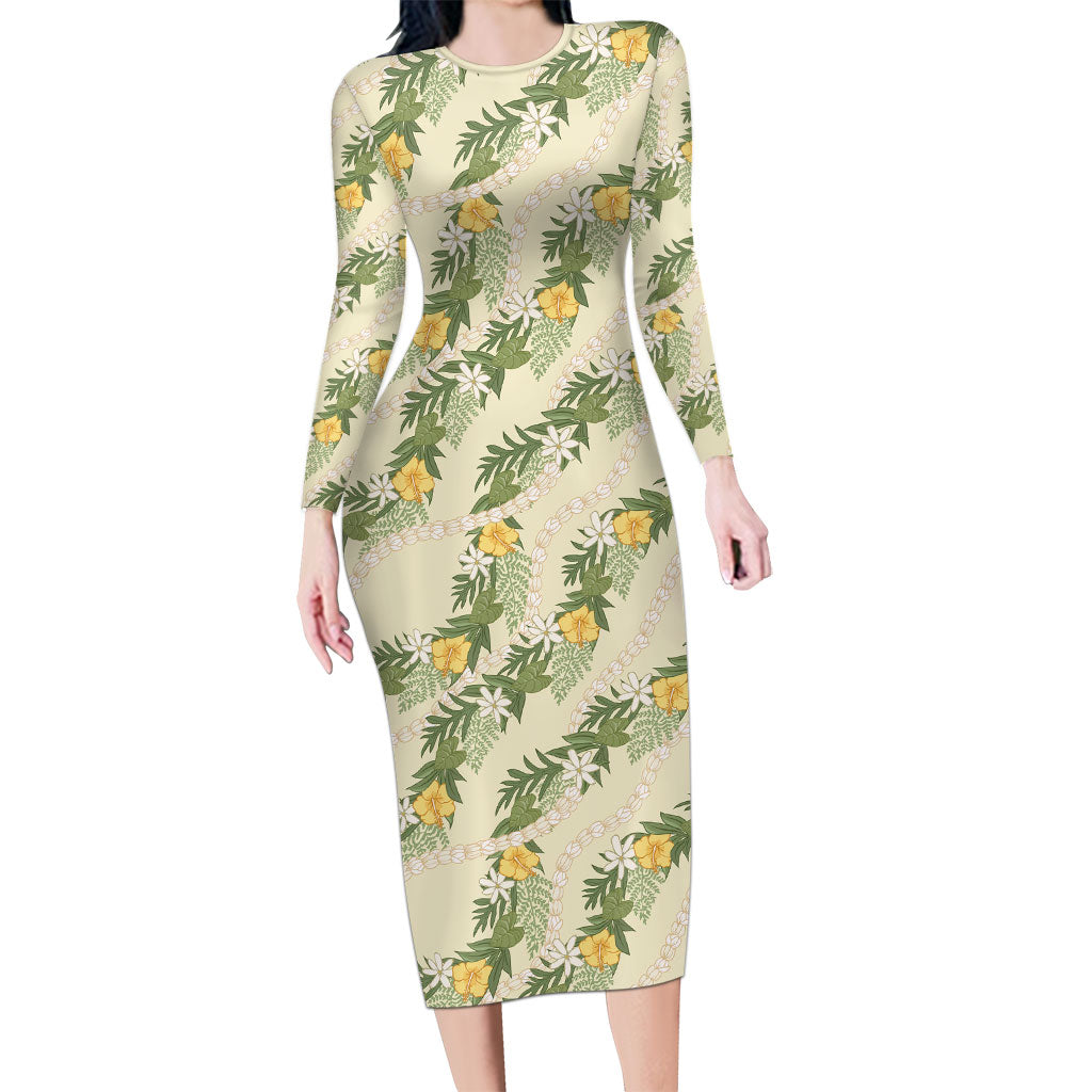 Hawaiian Pikake Maile Lei Family Matching Long Sleeve Bodycon Dress and Hawaiian Shirt Tiare Hibiscus Kalo Palapalai Leaf Beige